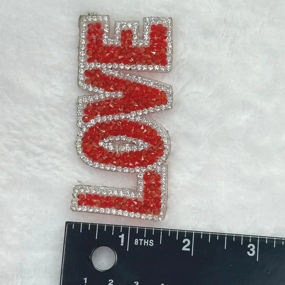 Rhinestone LOVE Iron On Patch Red Silver Glitter Applique 3.5 Inch